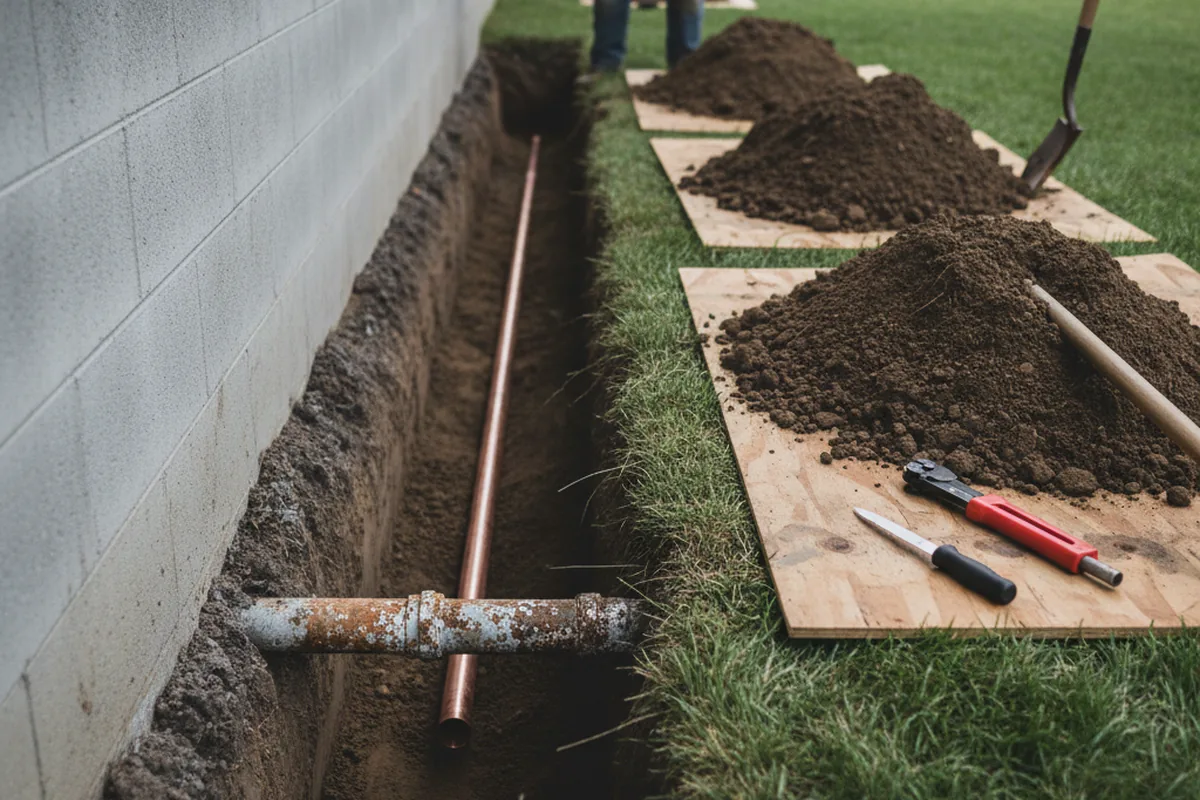 Excavated water line trench during Water Softener Installation in Pennsville